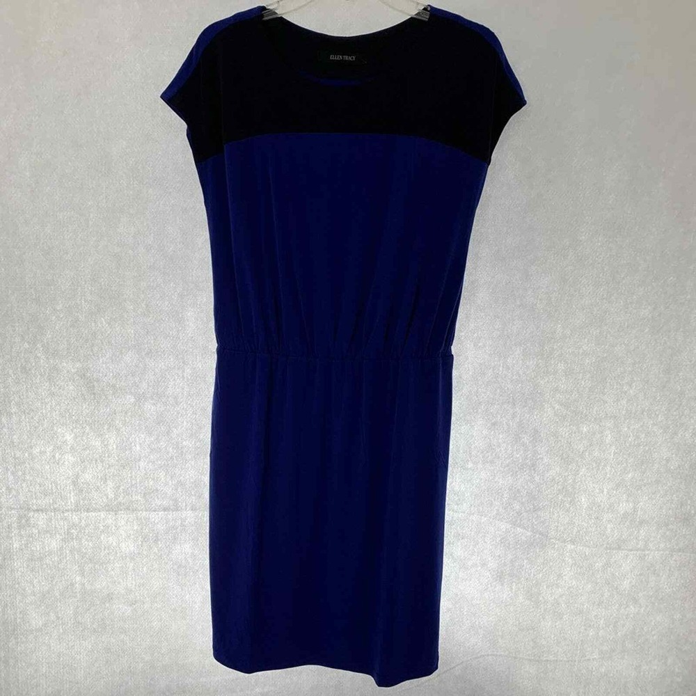 Ellen Tracy Colorblock Sheath Dress Womens M Blue Black Good Cap Sleeve Jersey